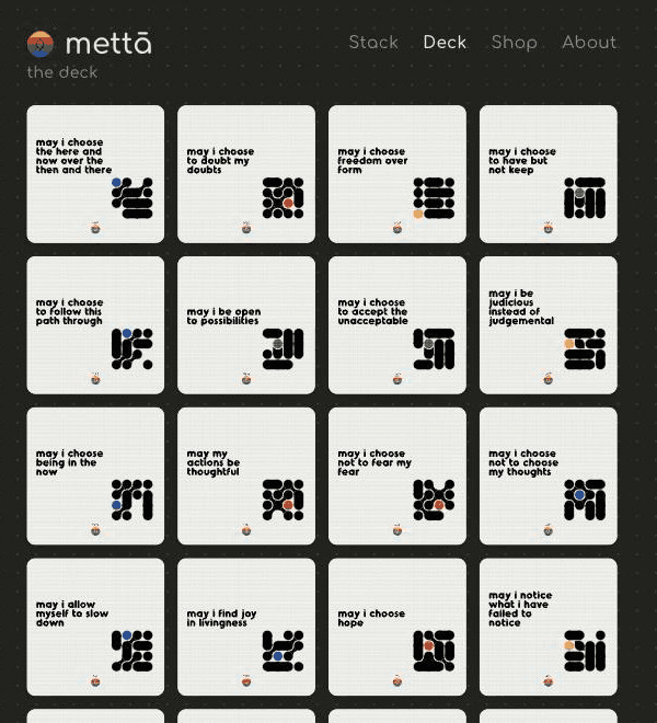 The mettā deck open in a browser, cards laid out in a grid